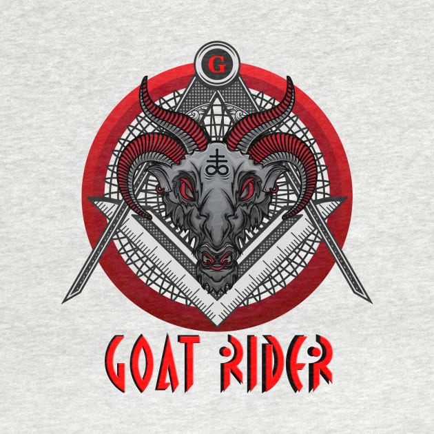 GOAT RIDER Black Baphomet Goat Head over Compass and Square in a Red Circle with a Red G by hclara23